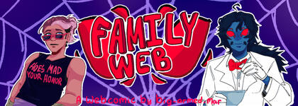 Clickable banner for my webcomic Familyweb. It has the logo in the center with cav (dark blue hair,